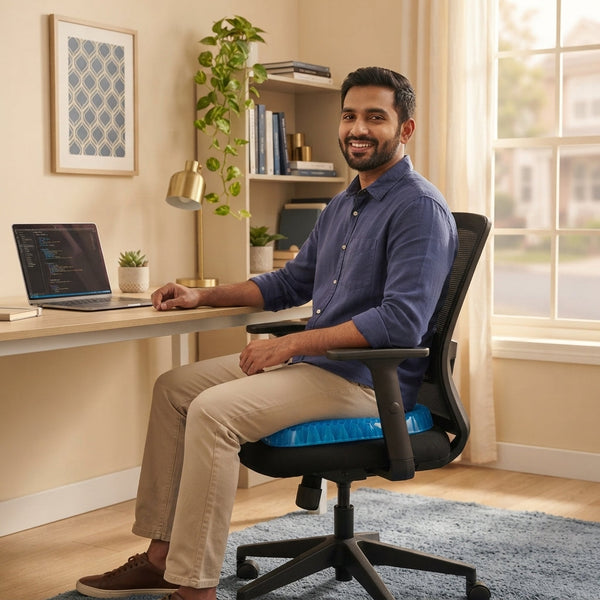 A South Asian man sitting on an ergonomic blue honeycomb gel seat cushion in a modern home office setting.