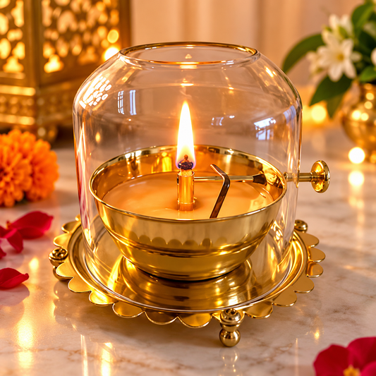 Akhand Diya Lamp with Adjustable wick & Glass.