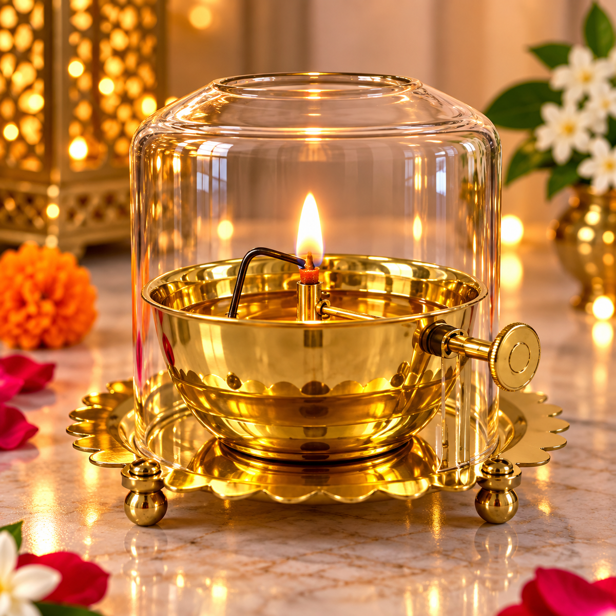 Akhand Diya Lamp with Adjustable wick & Glass.